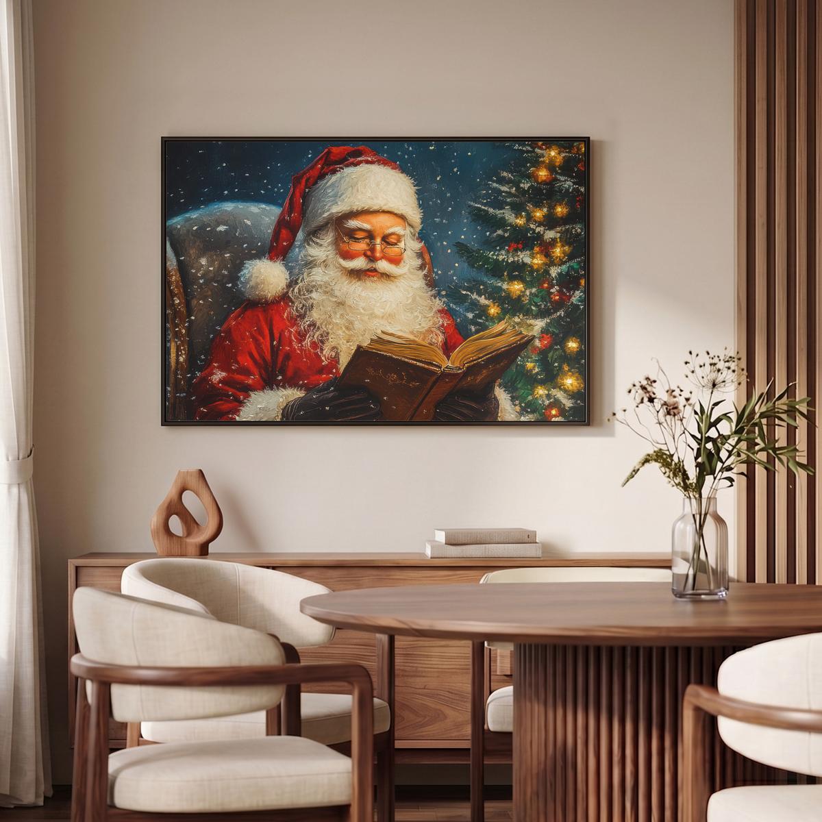 LEINWAND Bilder mit Rahmen - Weihnachtsmann - Weihnachten - Winter - Weihnachtsbaum - 90x60 - Bordeaux, Textil (90/60cm) - MuchoWow