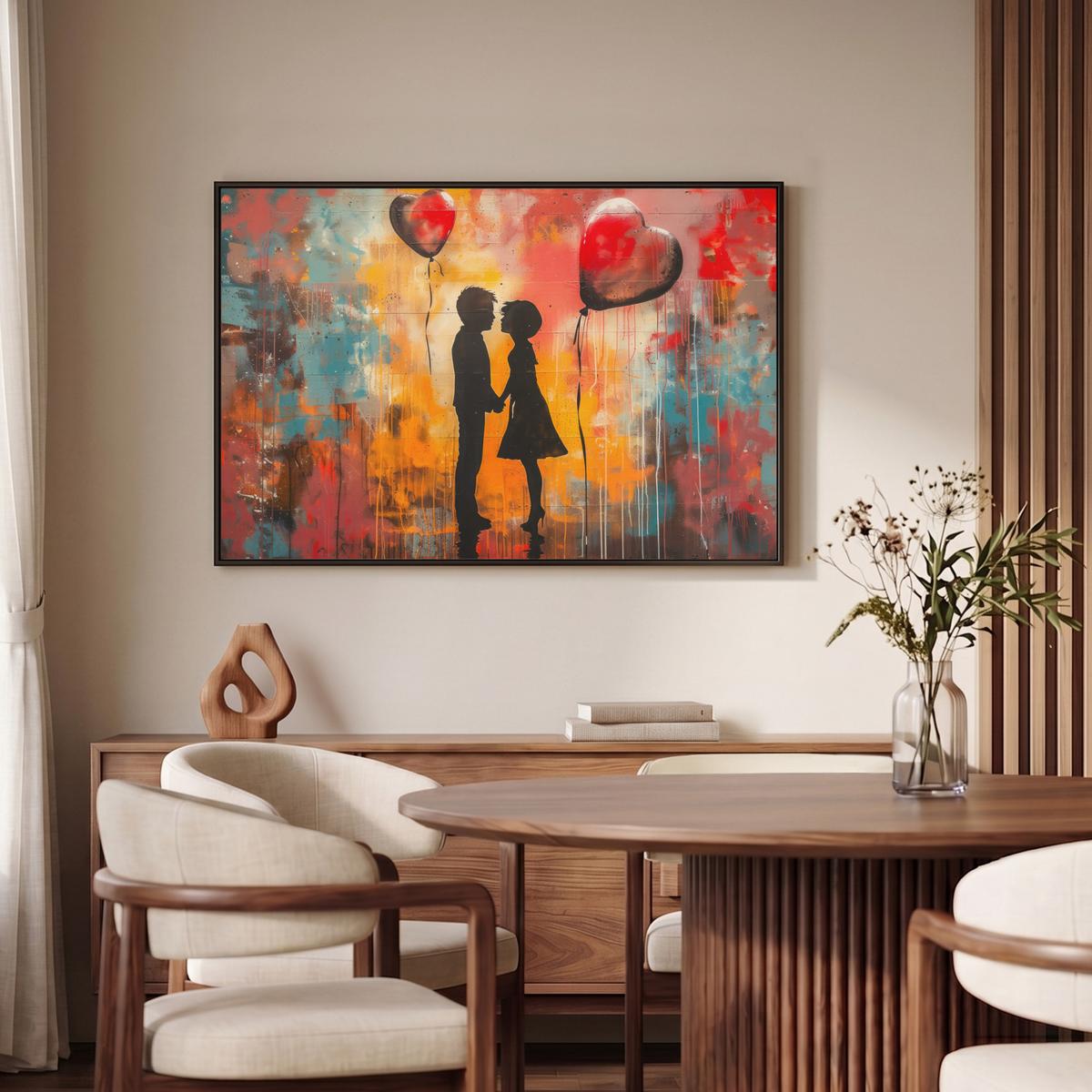 LEINWAND Bilder mit Rahmen - Straßenkunst - Liebe - Graffiti - Kunst - Banksy - 90x60 - Orange, Textil (90/60cm) - MuchoWow