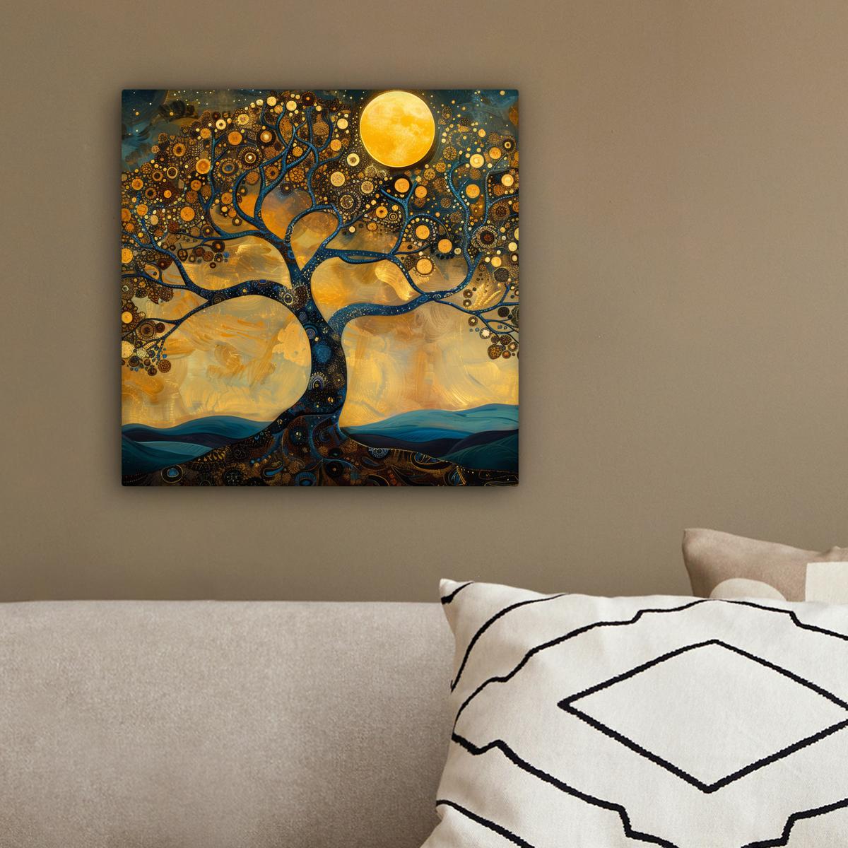LEINWANDBILD Baum - Mond - Blumen - Gold - Kunst Deko Wohnzimmer 20x20 cm - Orange, Textil (20/20cm) - MuchoWow