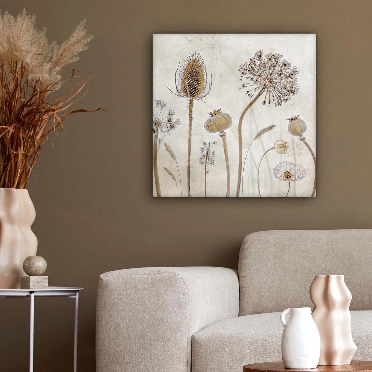 LEINWANDBILD Blumen - Aquarell - Stilleben - Braun - Vintage Wandbild Wohnzimmer 50x50 cm - Beige, Textil (50/50cm) - MuchoWow