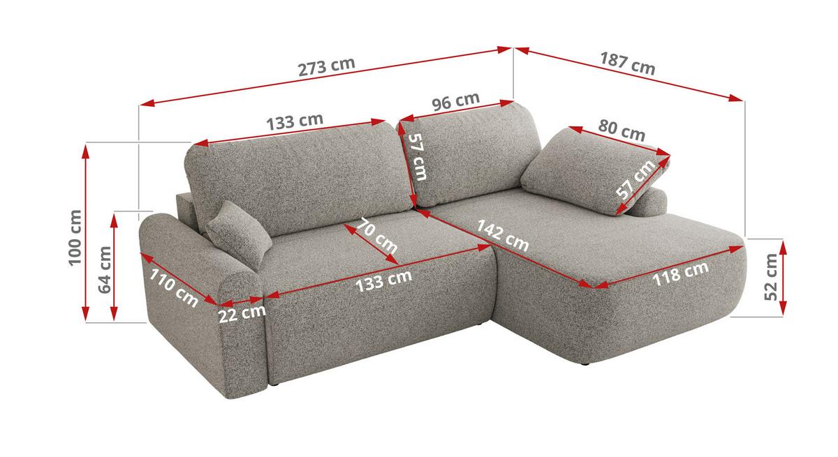 ECKSCHLAFSOFA CUBO L Hellgrau Struktur - links - Hellgrau/Schwarz, Kunststoff/Textil (273/187cm) - MKS
