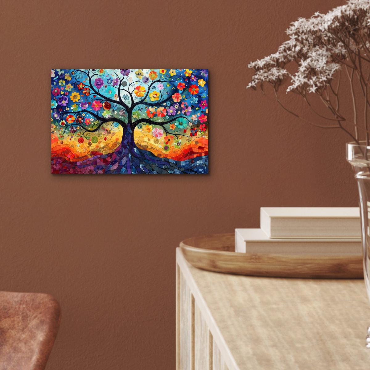 METALLBILD Kunst - Baum des Lebens - Blumen - Hippie 30x20 cm - Dunkelblau, Metall (30/20cm) - MuchoWow