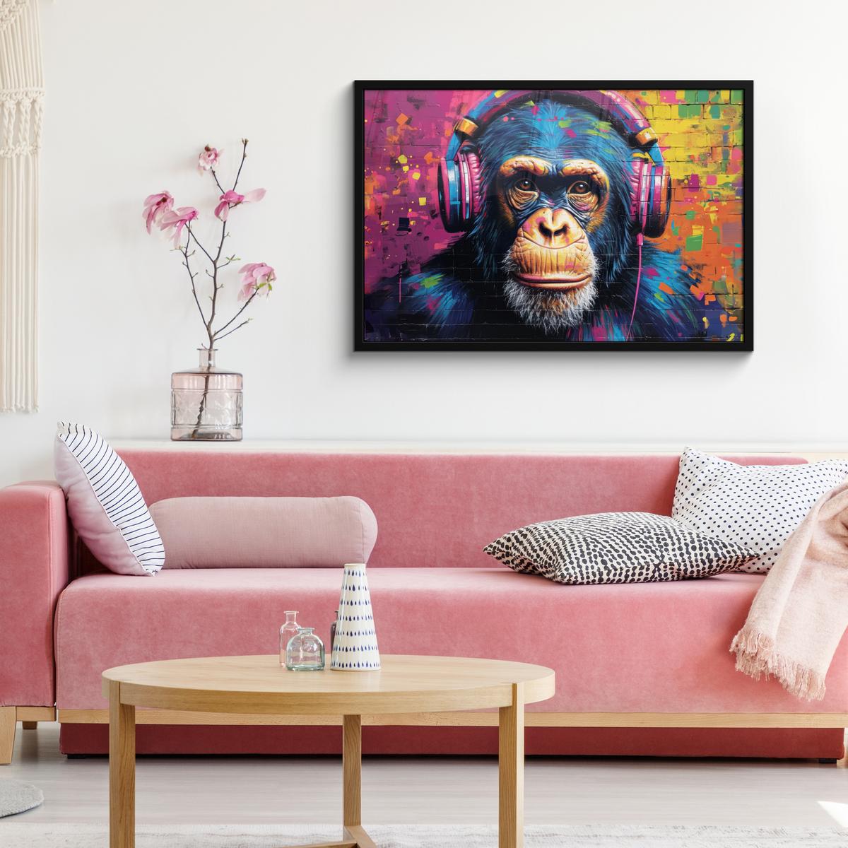 POSTER MIT RAHMENGERAHMTES BILD Graffiti - Schimpanse - Straßenkunst - Kopfhörer - Affe 90x60 cm - Blau, Papier (90/60cm) - MuchoWow