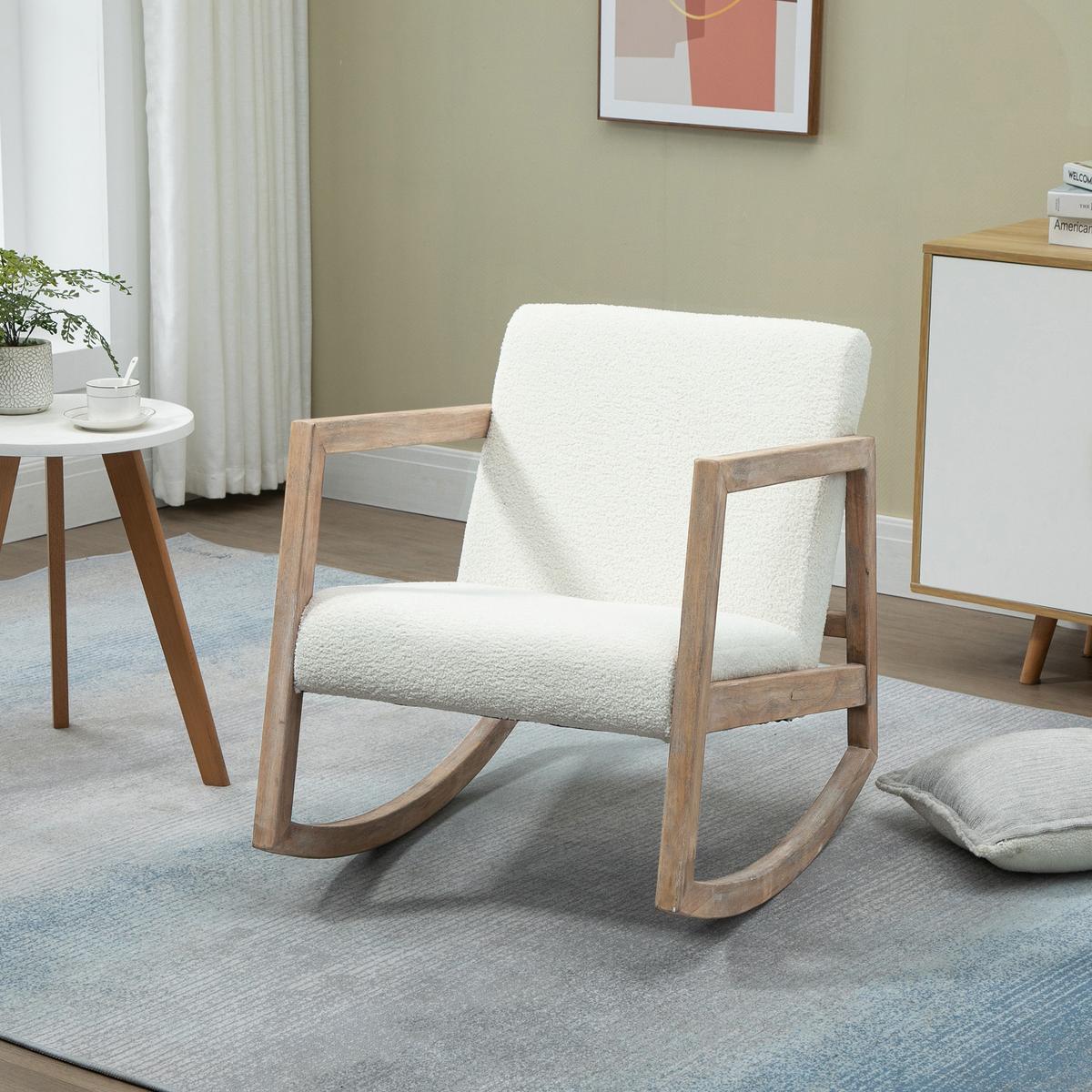 SCHAUKELSTUHL mit Holzrahmen Wohnzimmersessel Lounge Kautschukholz Cremeweiß - Creme, Kunststoff (76/77/60cm) - HOMCOM