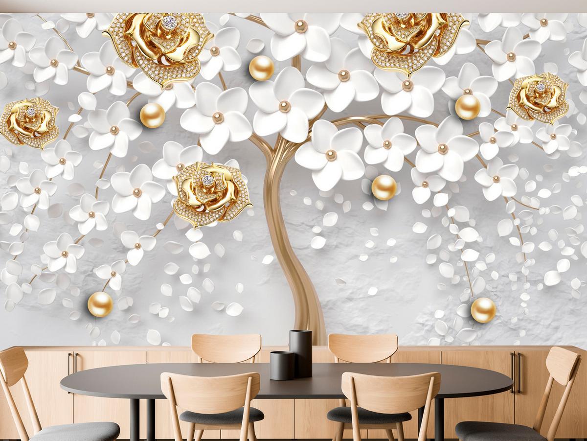 FOTOTAPETE für Wohnzimmer Abstrakte Rosen Baum Blumen Räumliche Äste Zweige 250x175 - Gelb/Weiß, Papier (250/175cm) - Muralo