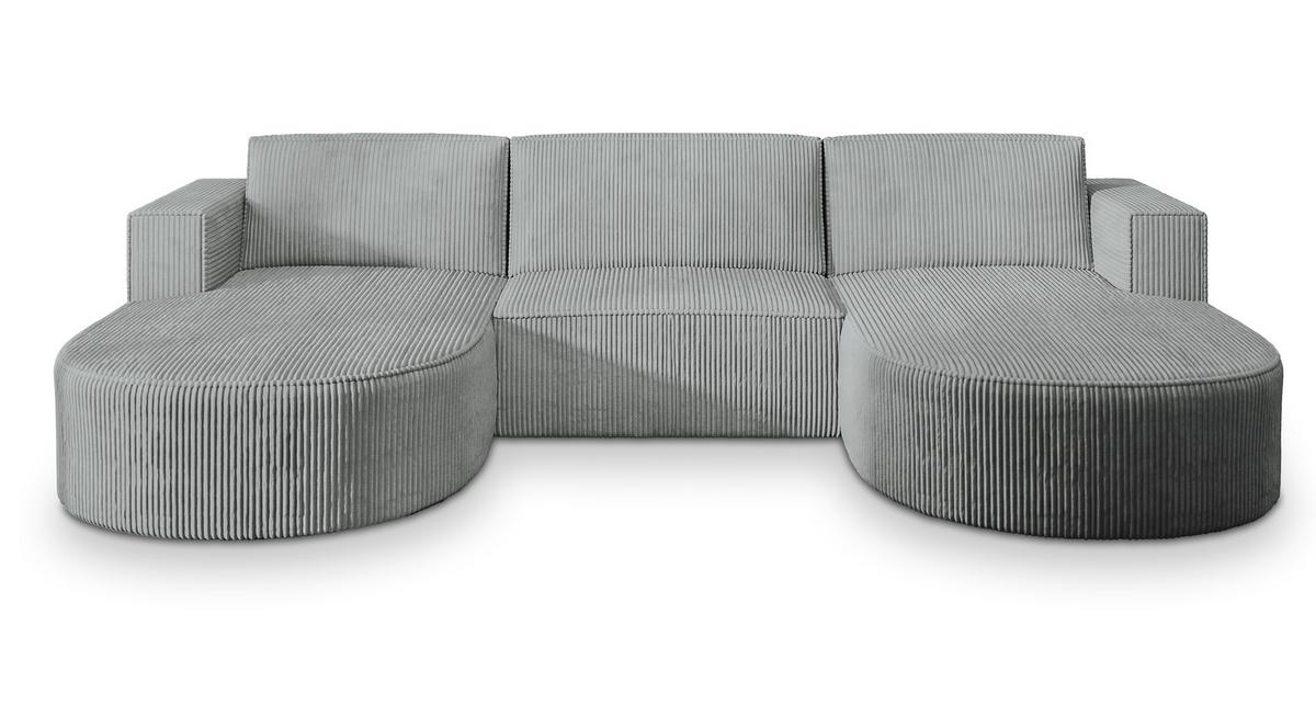 WOHNLANDSCHAFT VEZZO P Hellgrau Kordstoff mit Schlaffunktion - Hellgrau/Grau, Holz/Kunststoff (347/85/174cm) - MASSENO