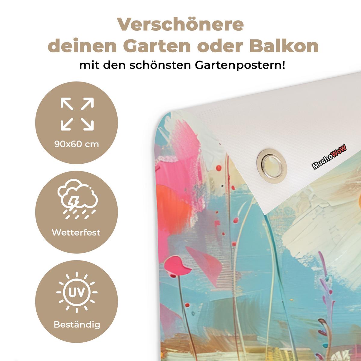 GARTENPOSTER Schottische Hochländer - Natur - Farbenfroh - Blumen Gartendeko 90x60 cm - Hellblau, Kunststoff (90/60/0.2cm) - OnlyWow