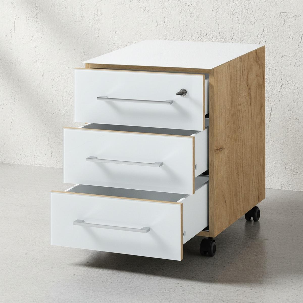 ROLLCONTAINER Glasfront 3 Schubladen Soft-Close & Abschließbar, Serie "Muenchen" Chalet-Eiche-Nb./Weiß - Weiß, Holzwerkstoff/Metall (40/55/50cm) - KADIMA DESIGN