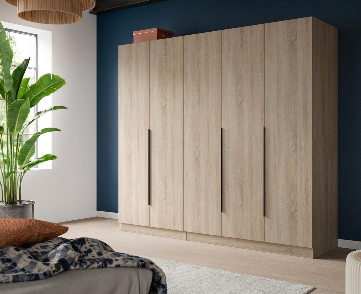 KLEIDERSCHRANK Eiche Sonoma 5-türig 2000 x 181 cm, Drehtürenschrank mit Kleiderstange - Eichefarben/Schwarz, Holzwerkstoff/Kunststoff (200/181/52cm) - Inn.Furn