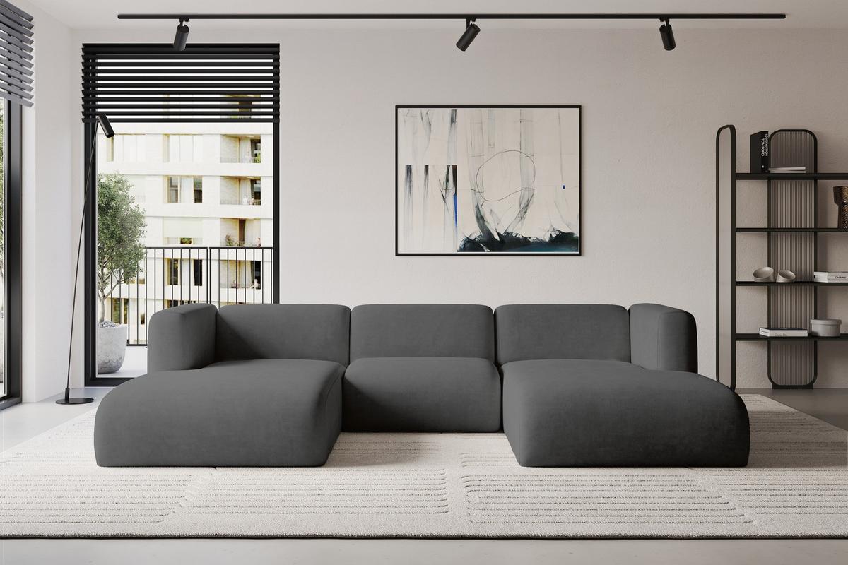 WOHNLANDSCHAFT MIRA-U1 317x179x70 Dunkelgrau Velours - Dunkelgrau/Schwarz, Holzwerkstoff/Kunststoff (317/70/179cm) - ALTDECOR