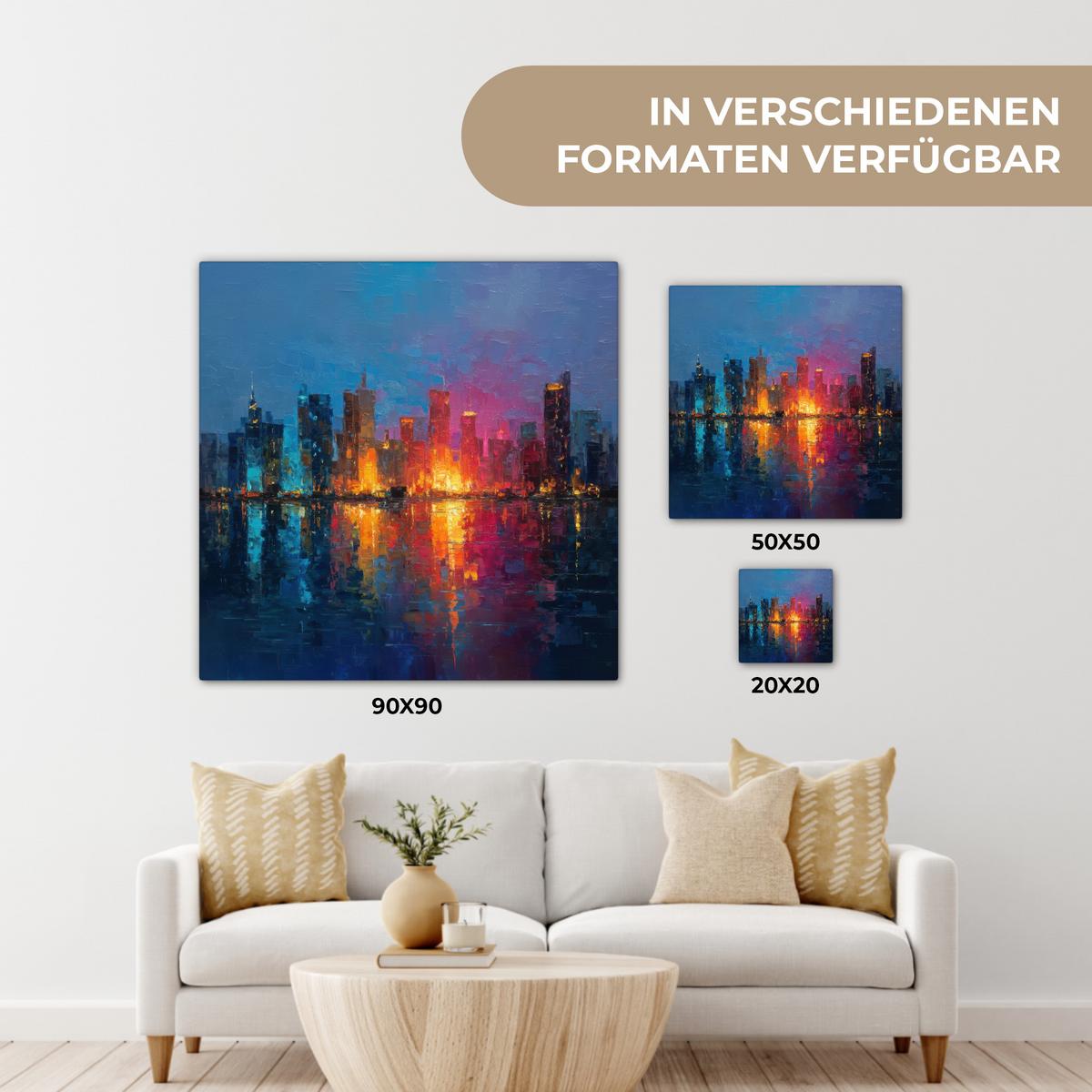 LEINWANDBILD Skyline - Pinselstriche - Dunkelblau - Leuchtend Deko Groß 90x90 cm - Blau, Textil (90/90cm) - MuchoWow