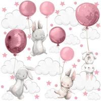 STICKER SET Häschen Ballons Sterne Wolken Punkte 120x60 - Rosa/Weiß, Papier (120/60/1cm) - Muralo