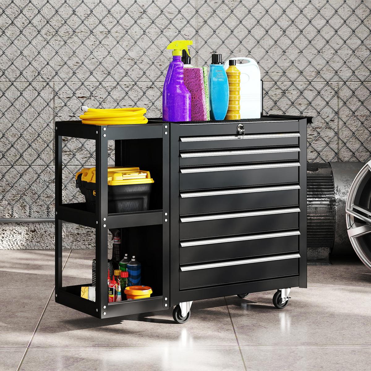 WERKSTATTWAGEN Werkzeugwagen mit 7 Schubladen abnehmbar Seitenregal Rollen - Schwarz, Metall (33.5/75/96cm) - HOMCOM