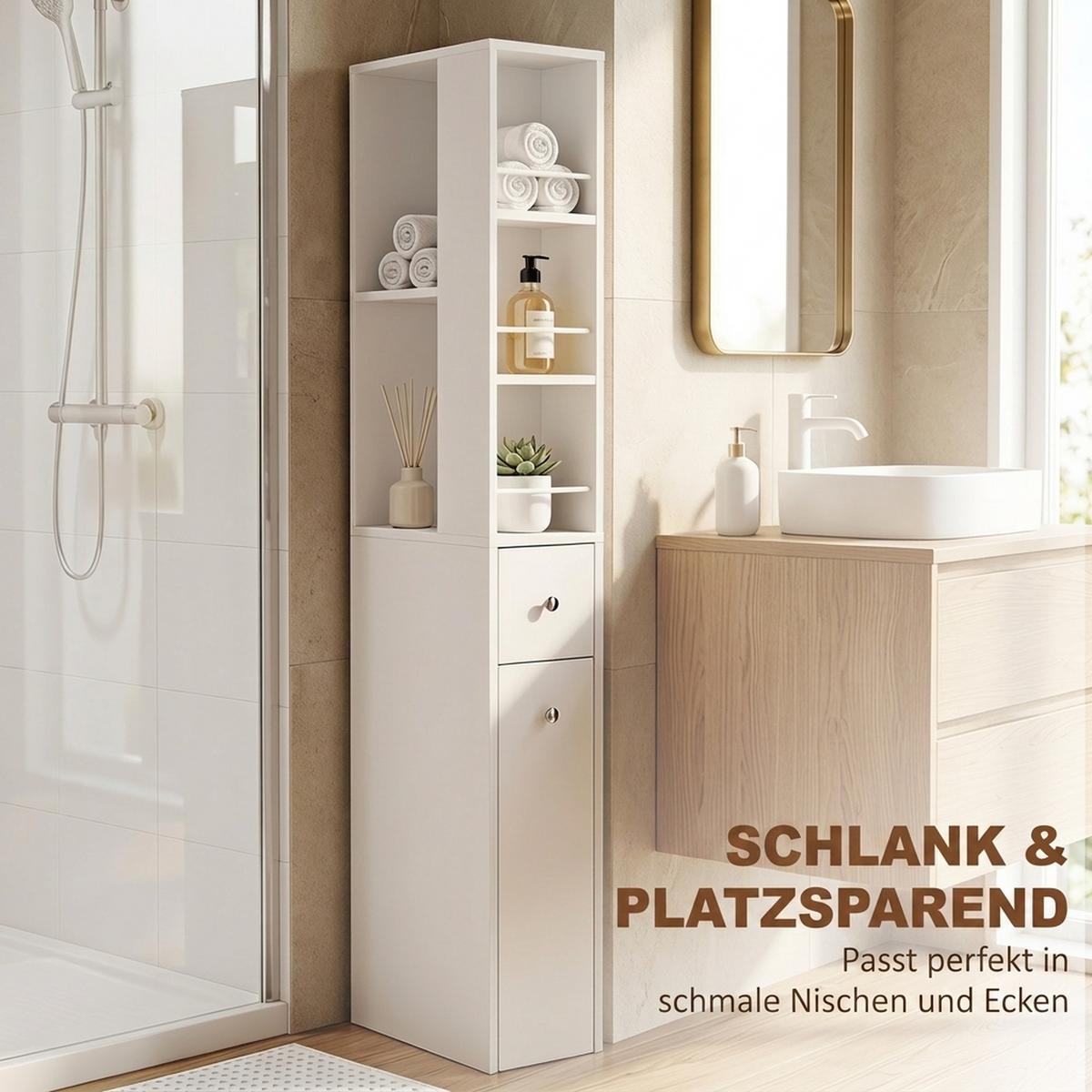 BADEZIMMERSCHRANK MDF Weiß - Silberfarben/Weiß, Holzwerkstoff/Metall (18/135/40cm) - HOMCOM