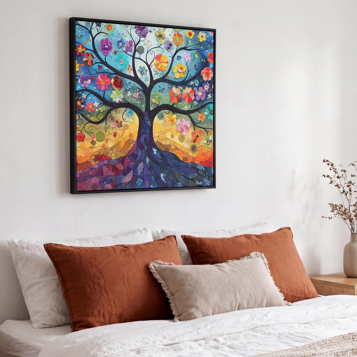 LEINWAND Bilder mit Rahmen - Kunst - Baum des Lebens - Blumen - Hippie - 50x50 - Dunkelblau, Textil (50/50cm) - MuchoWow