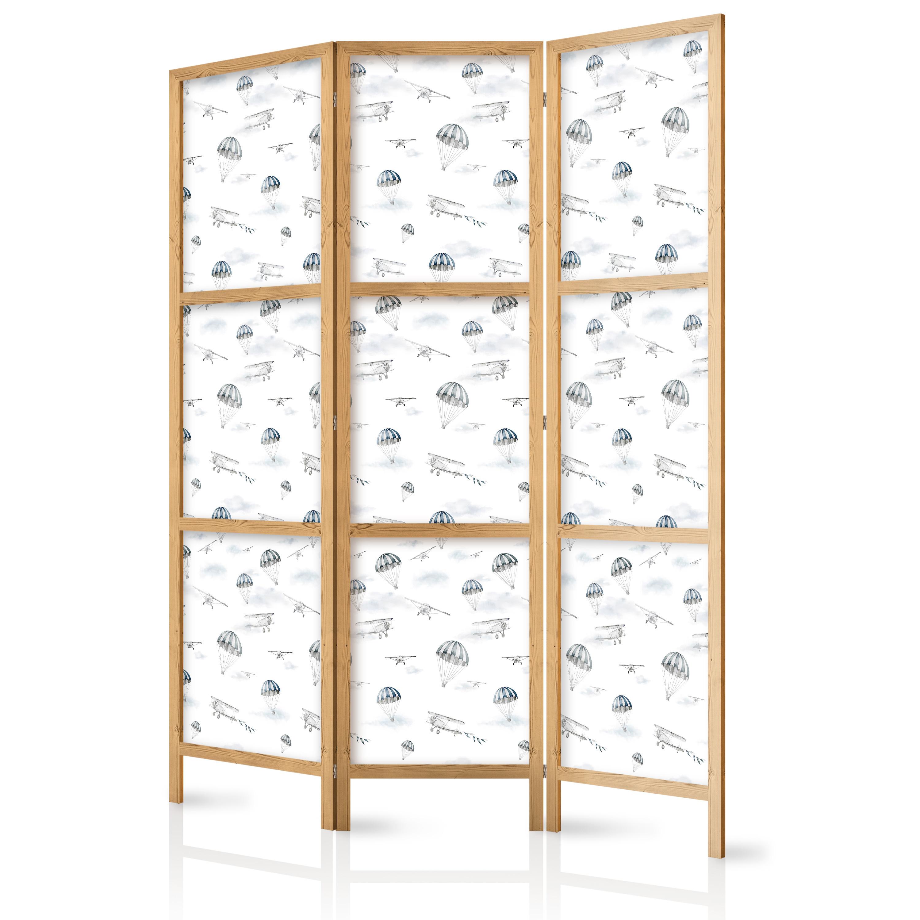 PARAVENT Japanischer 3-tlg 135x172 cm Flugzeuge Und Fallschirme - Weiß, Holz/Textil (135/172/3cm) - Muralo