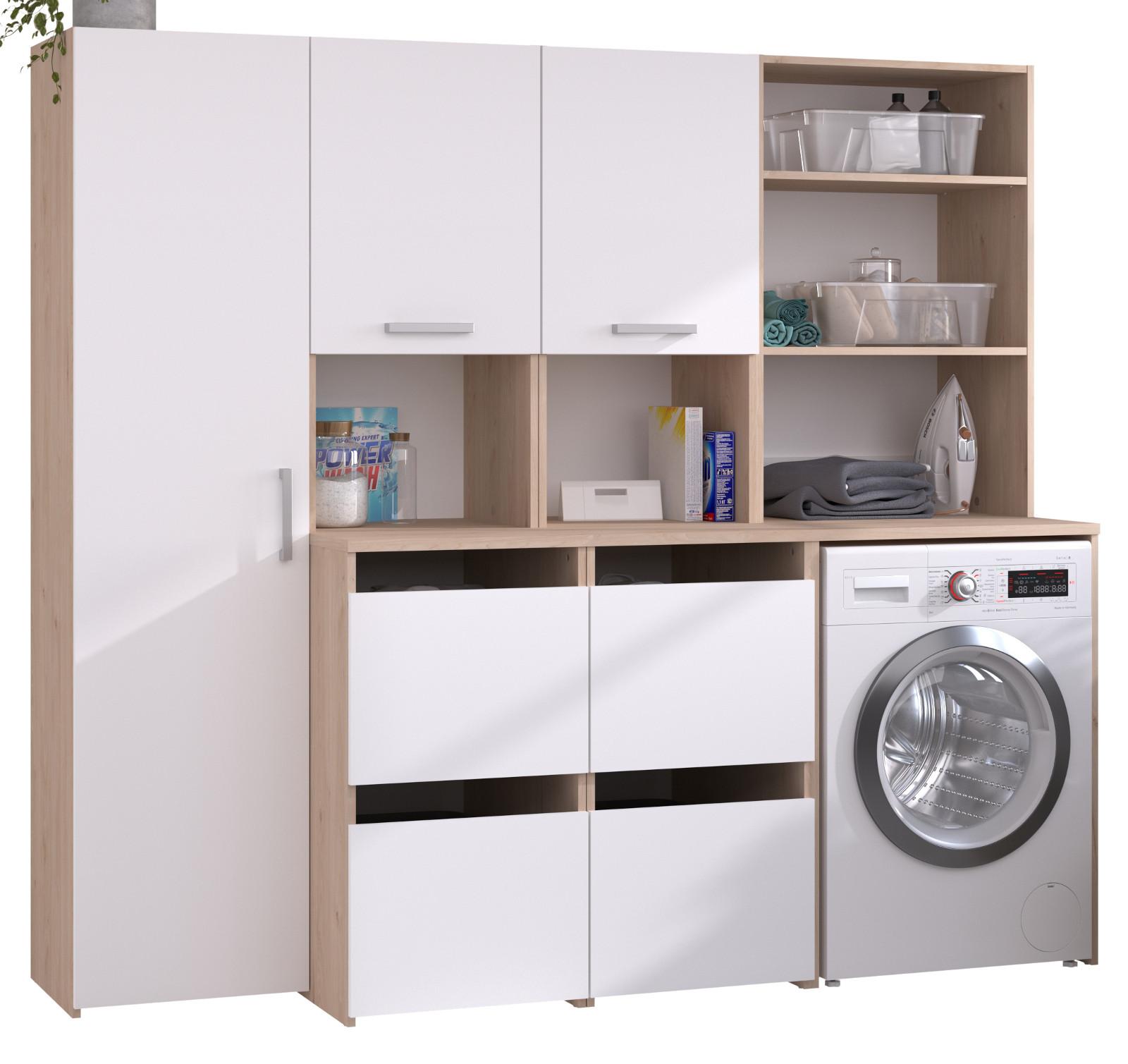 WASCHMASCHINENSCHRANK weiß, Eiche Jackson, Umbauschrank Set 3-teilig 204 cm mit viel Stauraum - Eichefarben/Silberfarben, Holzwerkstoff/Kunststoff (204/184/67cm) - Parisot Meuble