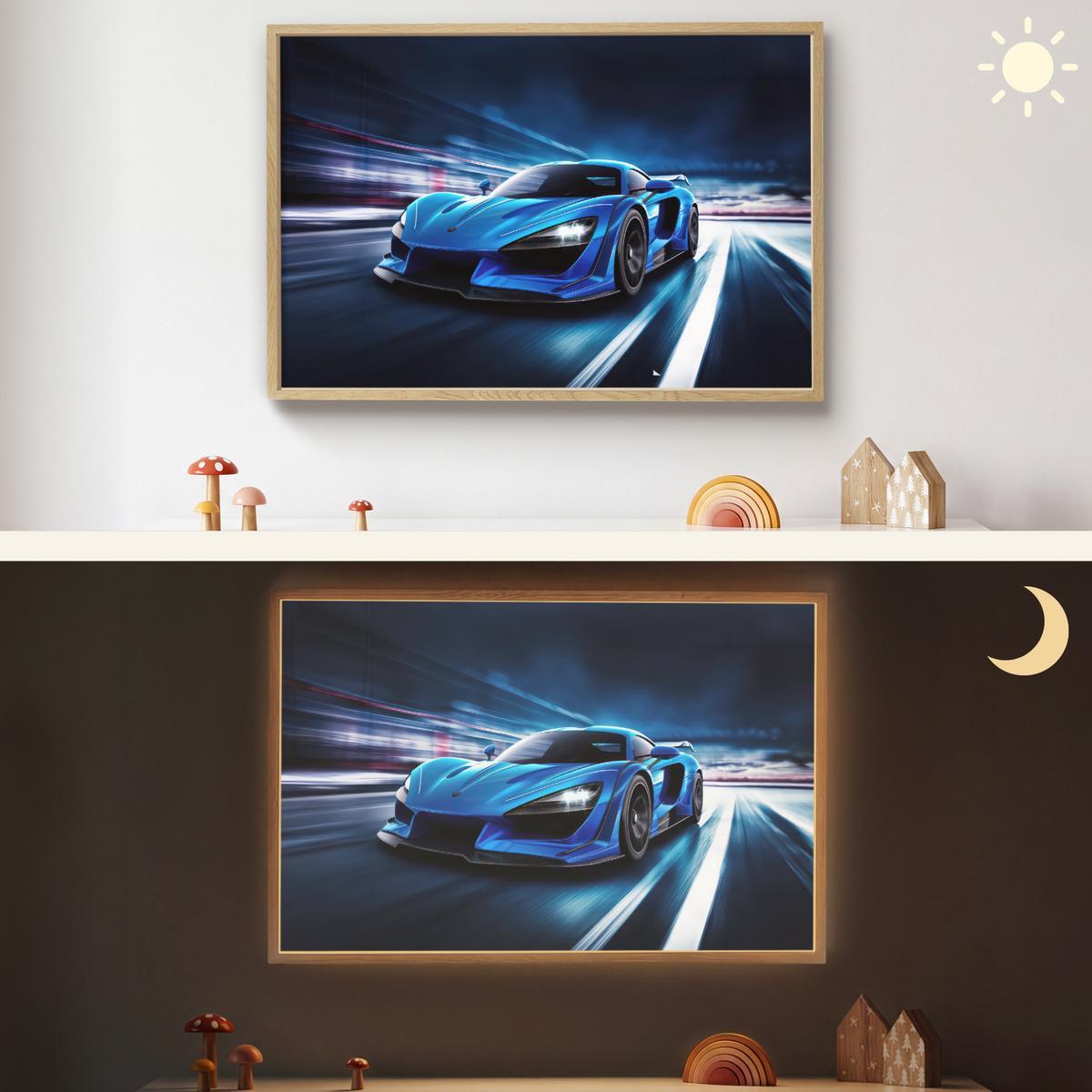 WANDLEUCHTE MIT AKKU Auto - Blau - Jungen - Kind 90x60 cm - Blau, Holzwerkstoff (90/60/8cm) - OnlyWow