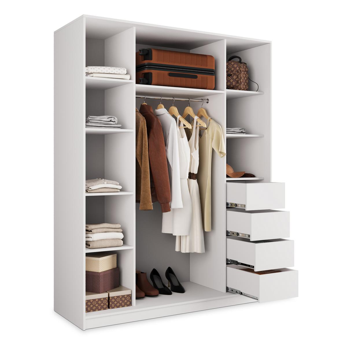 SCHWEBETÜRENSCHRANK PINA 150/205/58 cm 3-türig mit Spiegel und Schubladen Weiß - Schwarz/Weiß, Holzwerkstoff (150/205/58cm) - MASSENO