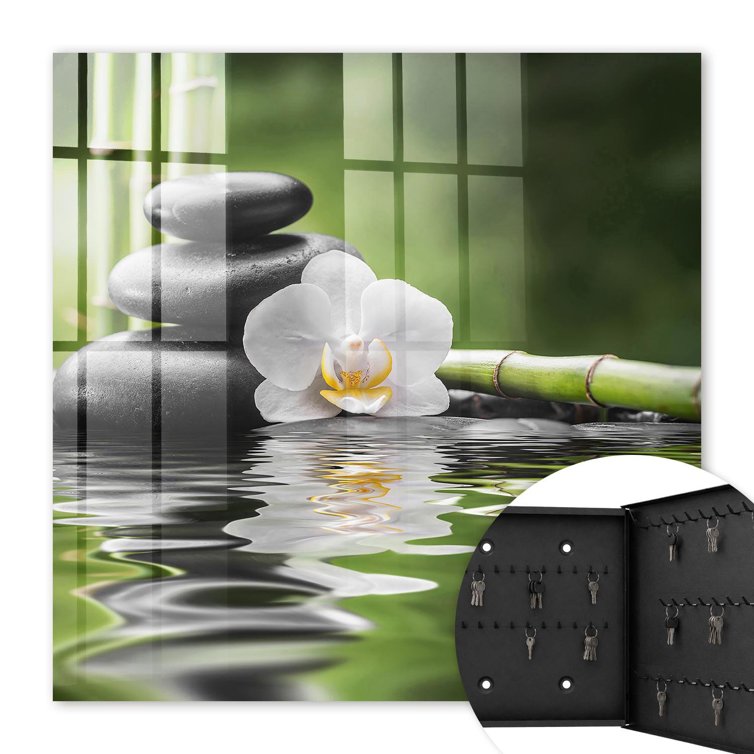 SCHLÜSSELBOX Schwarz 30x30 cm- Türöffnung nach rechts - Zen-Orchidee - Grün, Metall (30/30/5cm) - TULUP