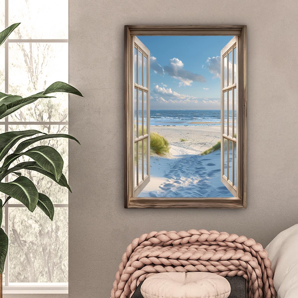 LEINWANDBILD Aussicht - Strand - Fenster - Dünen - Meer Wanddeko 40x60 cm - Hellblau, Textil (40/60cm) - MuchoWow