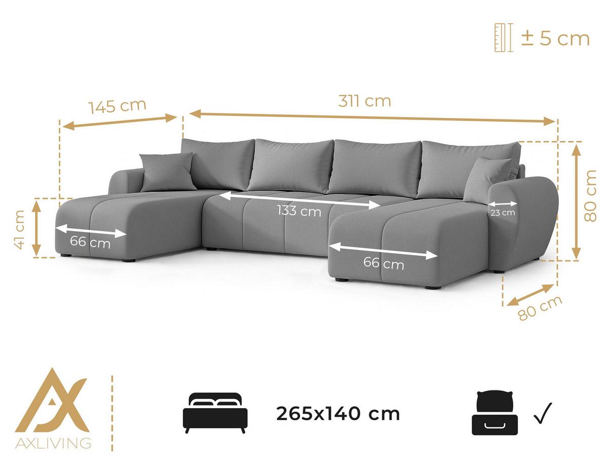 WOHNLANDSCHAFT Malatya U Form Dunkelgrau 311/145/80 cm mit Schlaffunktion - Dunkelgrau/Schwarz, Kunststoff/Textil (311/80/145cm) - AX Living