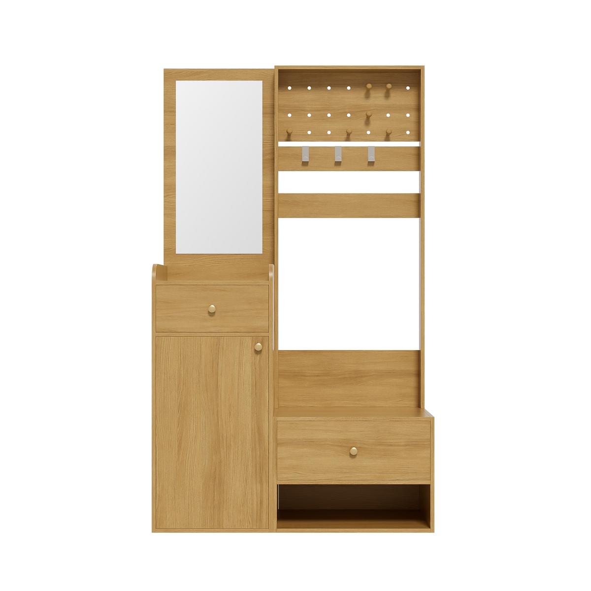 GARDEROBEN-SET 105 cm Holzoptik Natur – Kompaktgarderobe mit Spiegel, Schuhbank & flexiblem Hakenboard - Naturfarben, Holzwerkstoff (105/180/38cm) - Urban Meuble