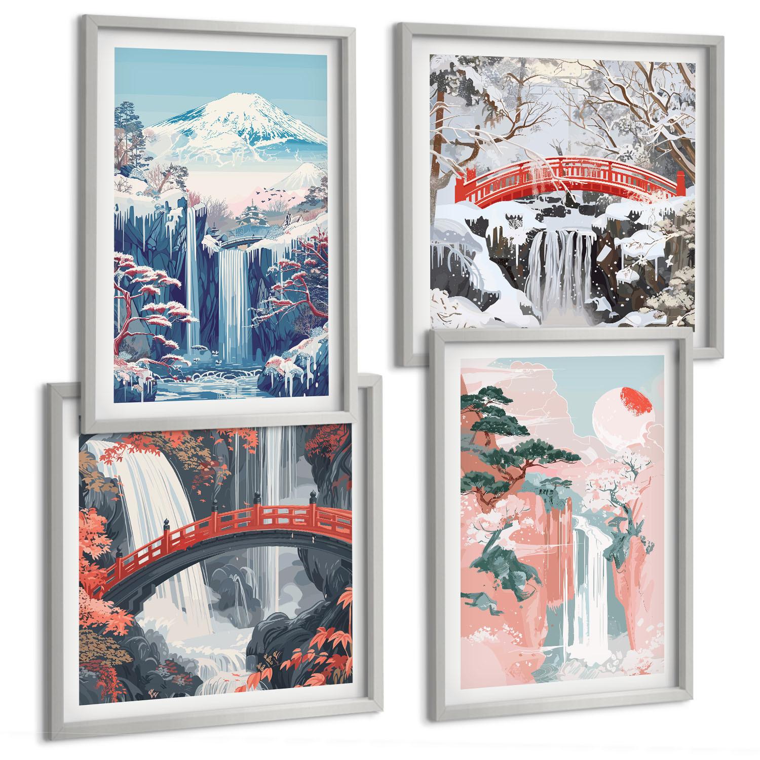 BILDER SET 4er Set - 50x50 cm & 40x60 cm Silberner Rahmen - Wasserfälle, Berge, Brücken, Bäume - Silberfarben, Kunststoff (50/50cm) - TULUP