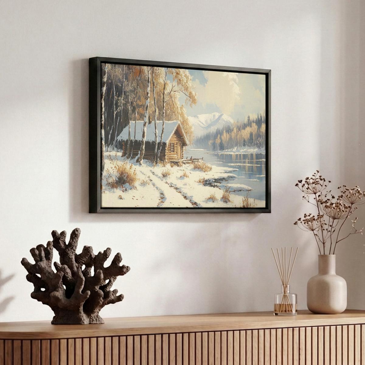 LEINWAND Bilder mit Rahmen - Winter - Schnee - Zuhause - Natur - 30x20 - Hellbraun, Textil (30/20cm) - MuchoWow