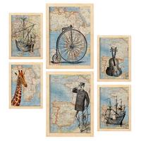 POSTER Set Mit 6 Vintage Karten Topografische Karten Im Retro Stil Von Europa, Afrika Und Spanien In Dezenten Farben A3 & A4 Rahmen Aus Hellem Holz - Beige, Papier (29/3cm) - Nacnic