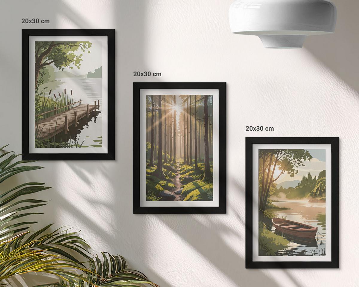 BILDER SET 3er Set - 20x30 cm Schwarzer Rahmen - Landschaft aus Wald, See und Boot - Schwarz, Kunststoff (20/30cm) - TULUP