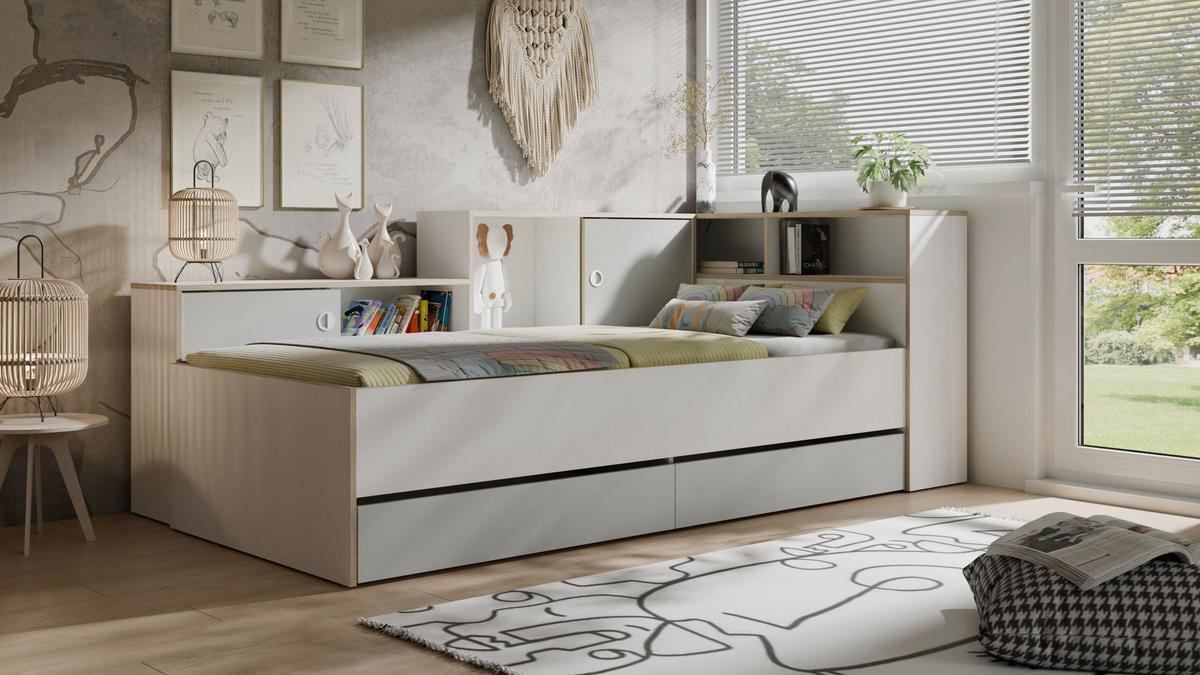 BETT 90 x 200 Weiß, Grau 231/89/126 - Weiß/Grau, Holzwerkstoff - RAUMHIRSCH FURNITURE