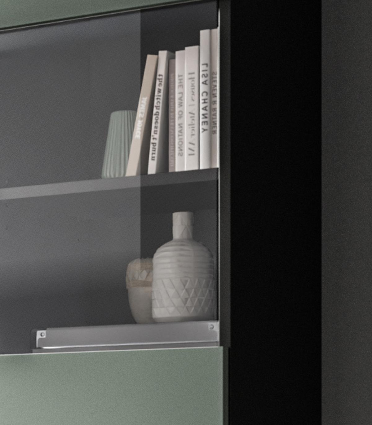 WOHNWAND Salbei grün, grau, Kombination 3-teilig 220 cm hängend oder stehend, Soft-Close - Salbeigrün/Schwarz, Glas/Holzwerkstoff (221/141/33cm) - Inn.Furn