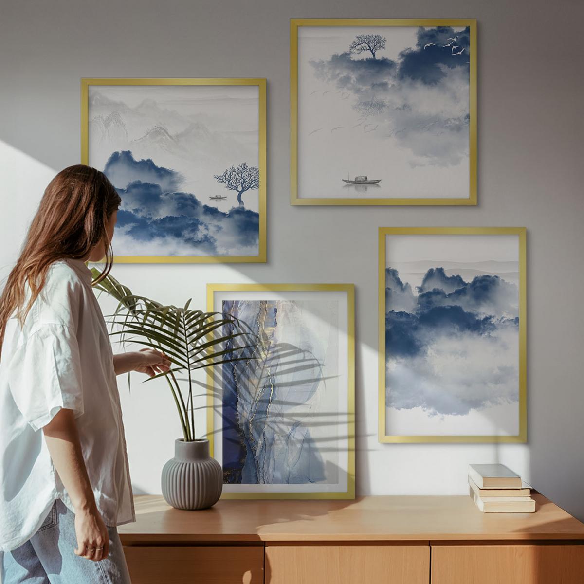 BILDER SET 4er Set - 50x50 cm & 40x60 cm Goldrahmen - Berge, Wolken, Bäume, Vögel im Hintergrund - Goldfarben, Kunststoff (50/50cm) - TULUP