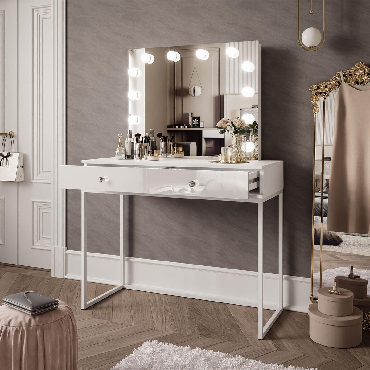 SCHMINKTISCH BLANCO LOFT ELITE mit Spiegel und Beleuchtung Weiß Hochglanz Kristallgriff - Weiß Hochglanz/Weiß, Holzwerkstoff (100/146/42cm) - Lookway