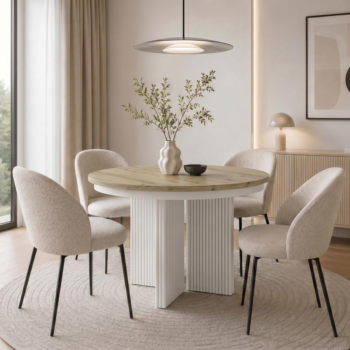 ESSTISCH Prestige runder Design-Tisch, ausziehbar Ø 100–180 cm, Eiche artisan+Weiß - Eichefarben/Weiß, Metall (100/100/77cm) - Beautysofa