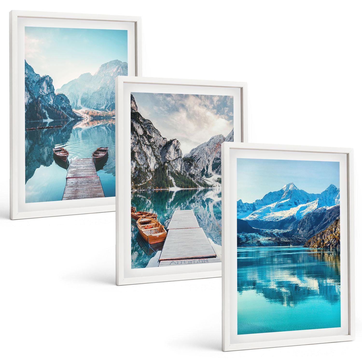 BILDER SET 3er Set - 40x60 cm Weißer Rahmen - Spiegelung der Boote auf Bergseen - Weiß, Kunststoff (40/60cm) - TULUP
