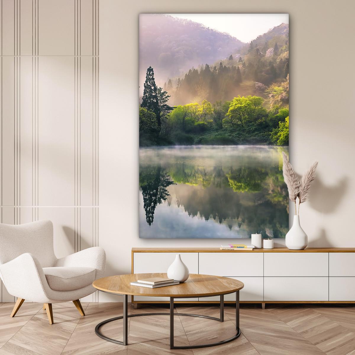 LEINWANDBILD Natur - Bäume - Berge - See - Wasser Deko Groß 90x140 cm - Hellgrün, Textil (90/140cm) - MuchoWow