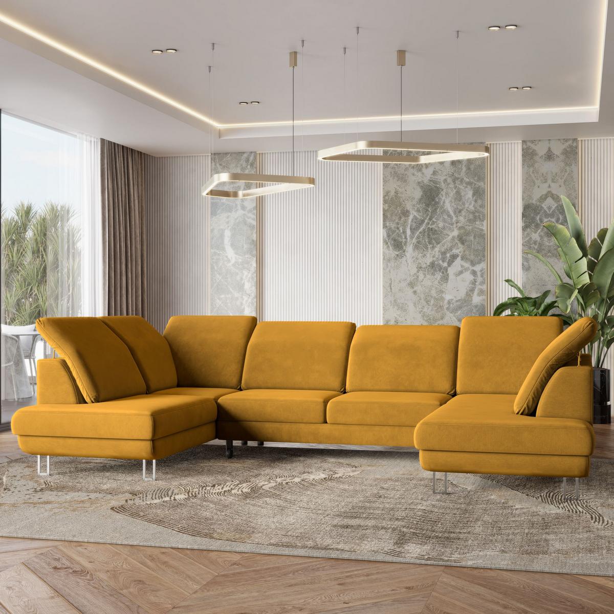WOHNLANDSCHAFT TERAMO Gelb Velours-Stoff mit Schlaffunktion - Gelb/Silberfarben, Holz/Textil (316/88/193cm) - MASSENO