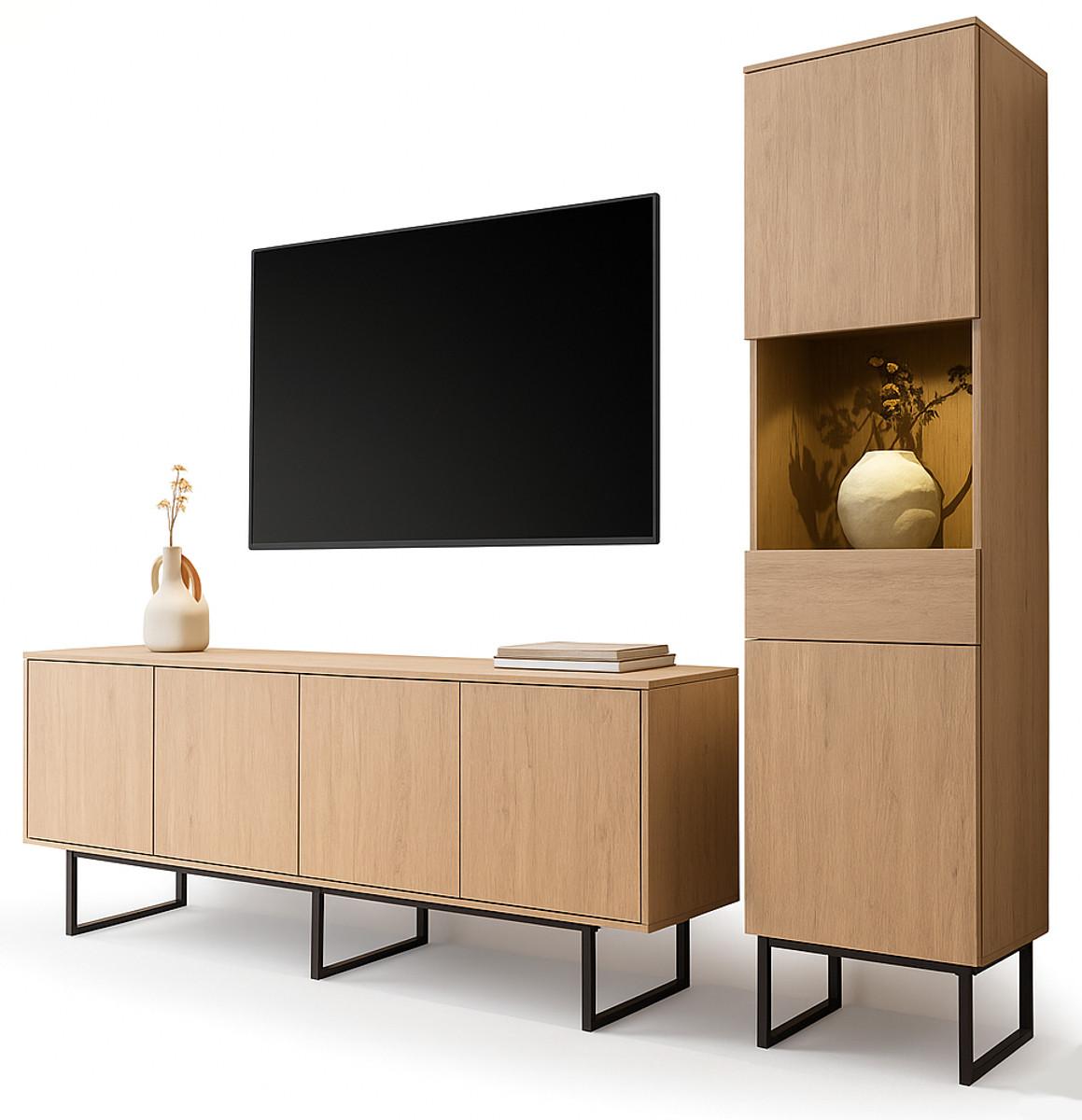 WOHNWAND Stone Eiche, Wohnzimmer Set mit TV Lowboard 200 cm und Vitrinenschrank, Push-Open-Funktion - Eichefarben/Schwarz, Holzwerkstoff/Metall (270/200/40cm) - Furn.Design