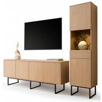 WOHNWAND Stone Eiche, Wohnzimmer Set mit TV Lowboard 200 cm und Vitrinenschrank, Push-Open-Funktion - Eichefarben/Schwarz, Holzwerkstoff/Metall (270/200/40cm) - Furn.Design
