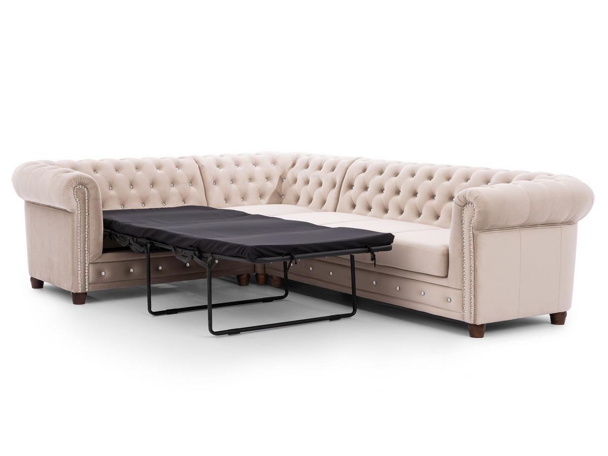 ECKSOFA mit Schlaffunktion Chesterfield Beige Samt mit Kristallsteppung und braunen Massivholzfüßen - Ottomane Links - Beige/Braun, Holz/Textil (264/210cm) - S-Style