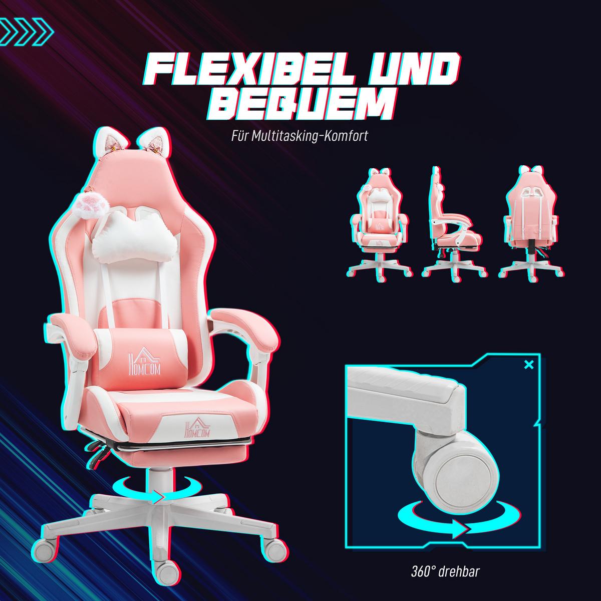 GAMING Stuhl Ergonomischer Gamer Stuhl mit Lendenwirbelstütze, Fußstütze Rosa - Rosa/Weiß, Leder/Kunststoff (62/124/65cm) - HOMCOM