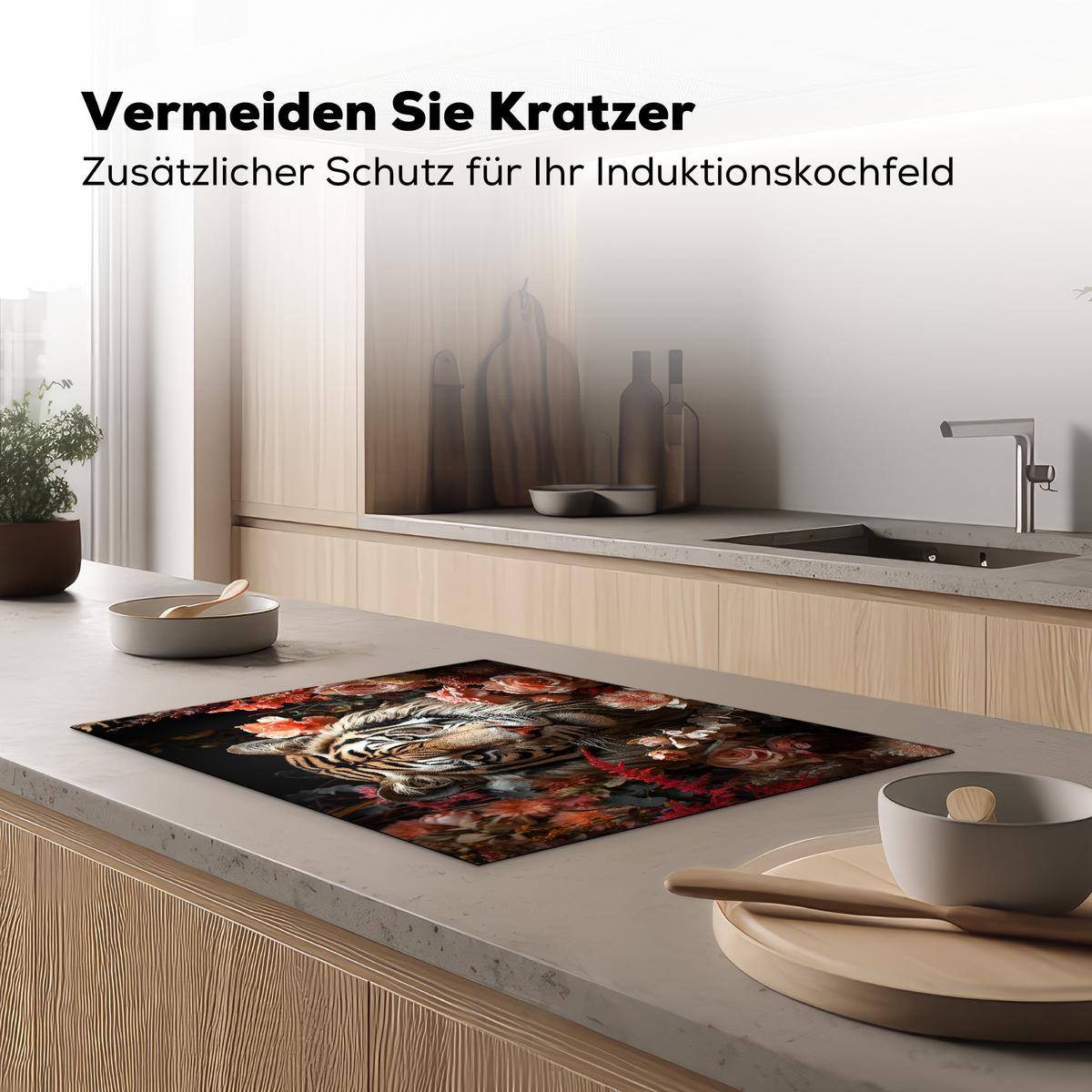 HERDABDECKPLATTE Tiger - Tier - Natur - Floral - Botanisch Induktionsmatte 71x52 cm - Orange, Kunststoff (71/52/0.2cm) - MuchoWow