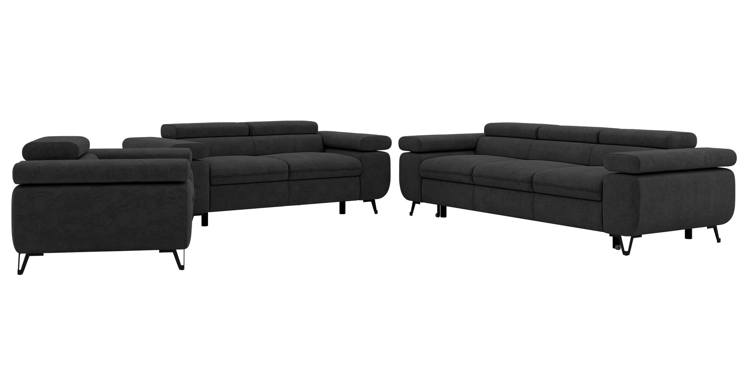 SITZGARNITUR PETER 1+2+3 mit Schlaffunktion - Dunkelgrau Stukture - Dunkelgrau/Graphitfarben, Textil/Metall (262/76/99cm) - MKS