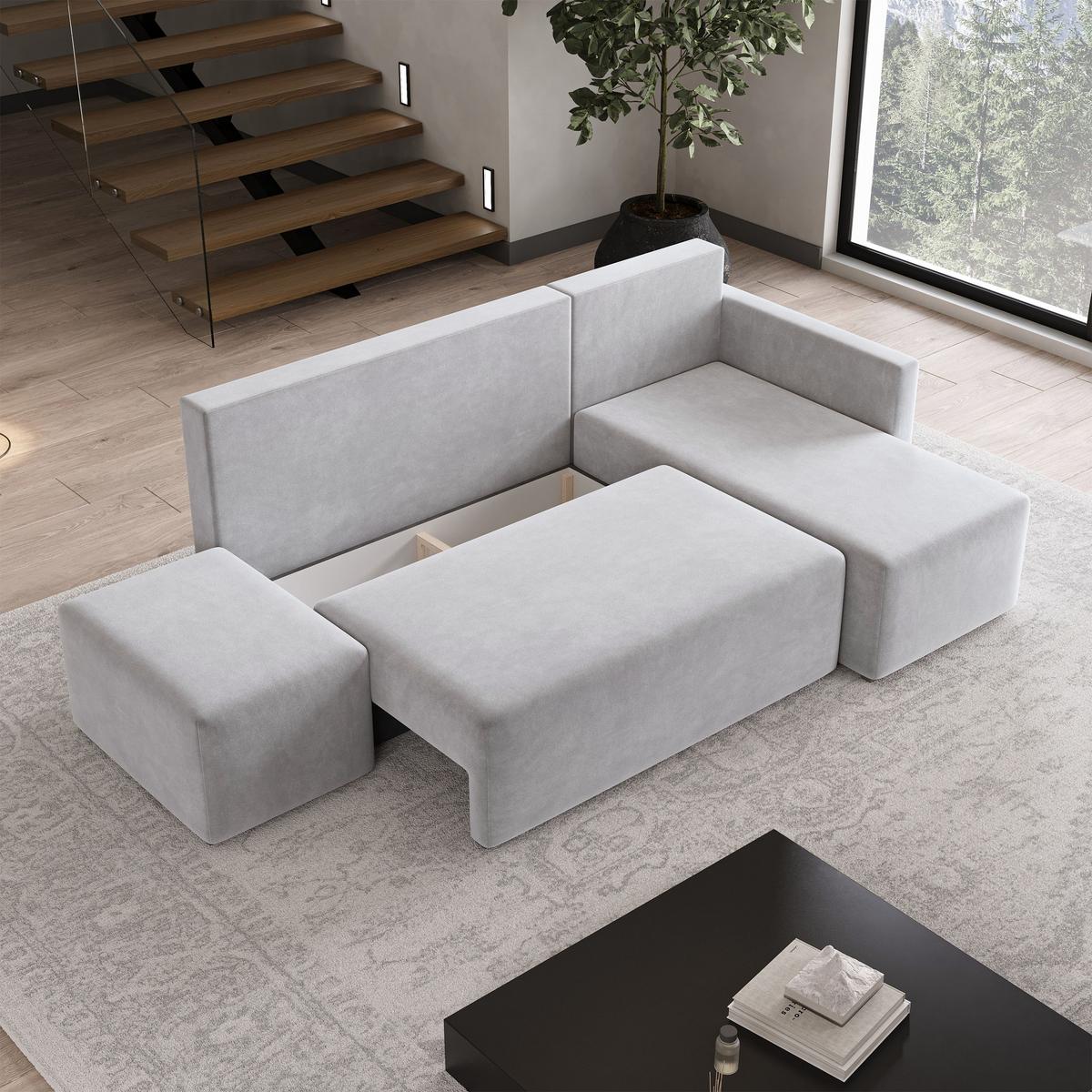ECKSOFA VELOTTI R-S Hellgrau Plüsch-Stoff mit Schlaffunktion - Hellgrau, Holz (261/143cm) - MASSENO