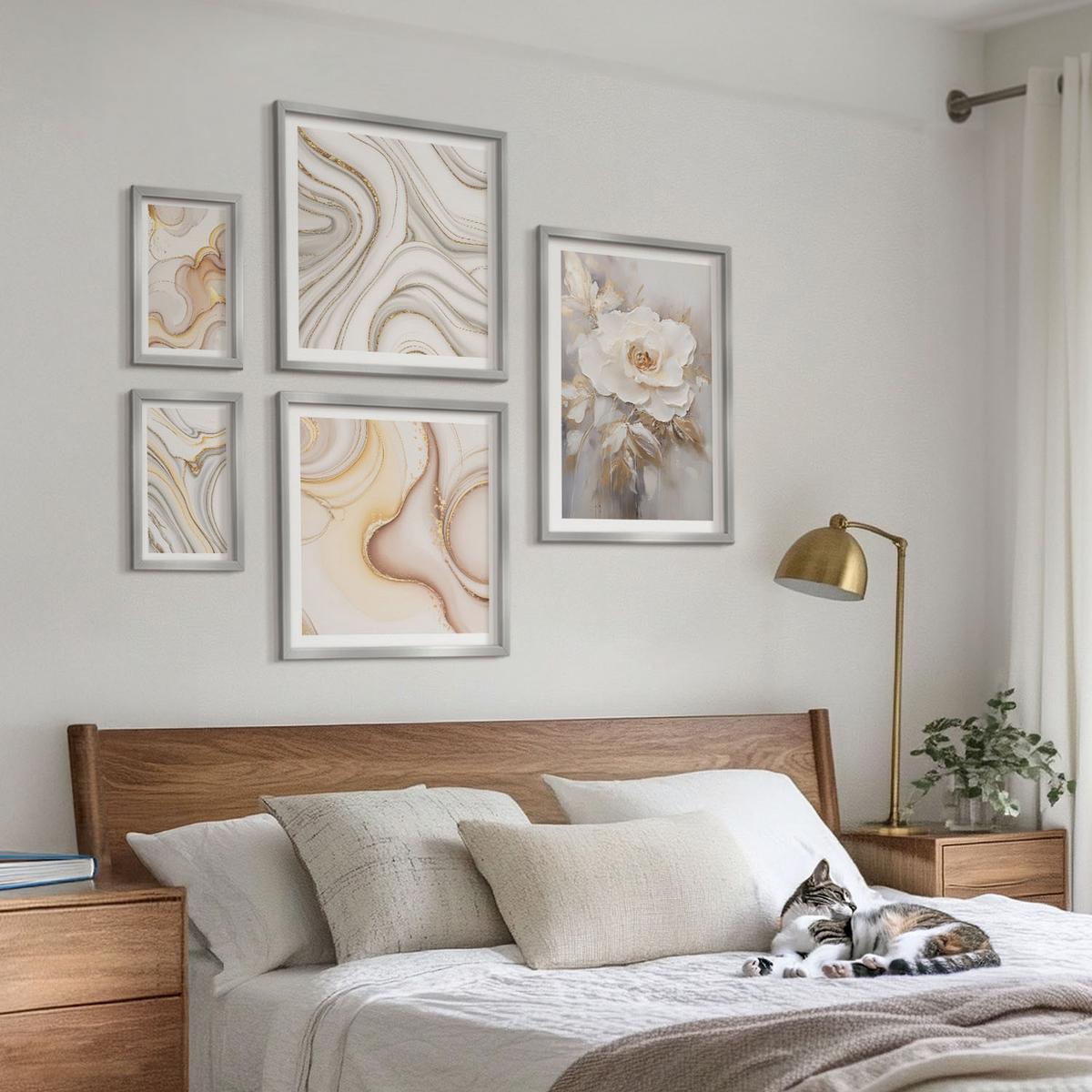 BILDER SET 5er Set - 50x50 cm & 20x30 cm & 40x60 cm Silberner Rahmen - Rose Eiffelturm Pferd Riesenrad S/W - Silberfarben, Kunststoff (40/60cm) - TULUP