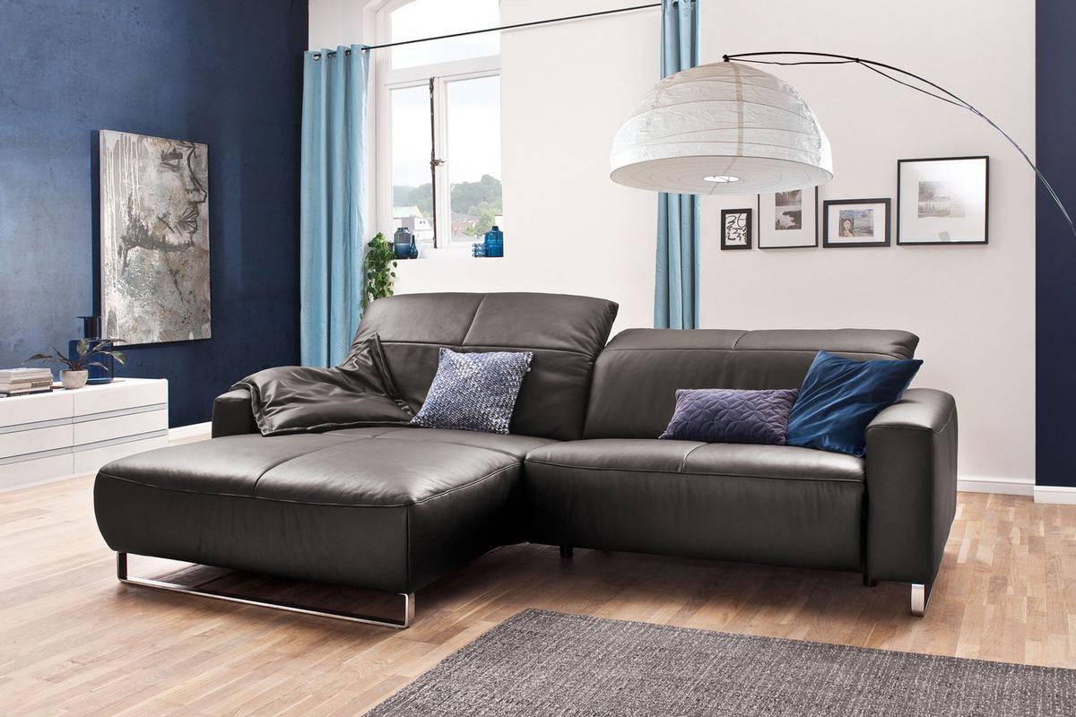 ECKSOFA YORK Anthrazit Leder - Anthrazit/Silberfarben, Leder (284/180cm) - KAWOLA