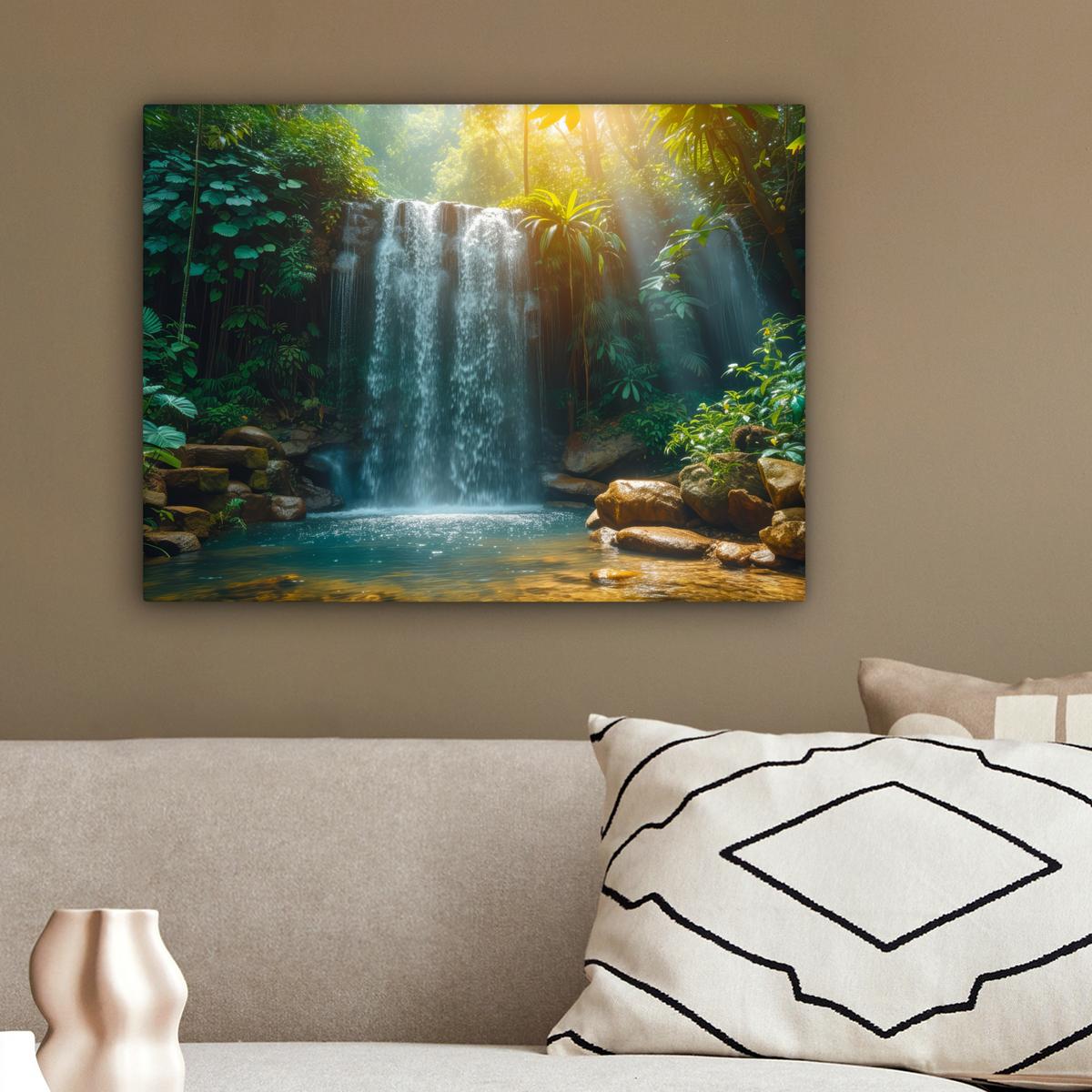 LEINWANDBILD Wasserfall - Dschungel - Sonne - Grün - Natur Wandbild 40x30 cm - Grün, Textil (40/30cm) - MuchoWow