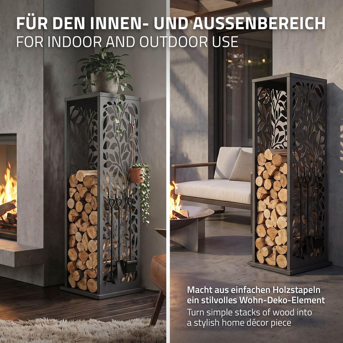 KAMINHOLZREGAL Innen Außen Brennholzregal 37,5x37,5x112 cm Stahl Verzinkt Anthrazit Blätter-Motiv - Anthrazit, Metall (37.5/112/37.5cm) - ML-DESIGN